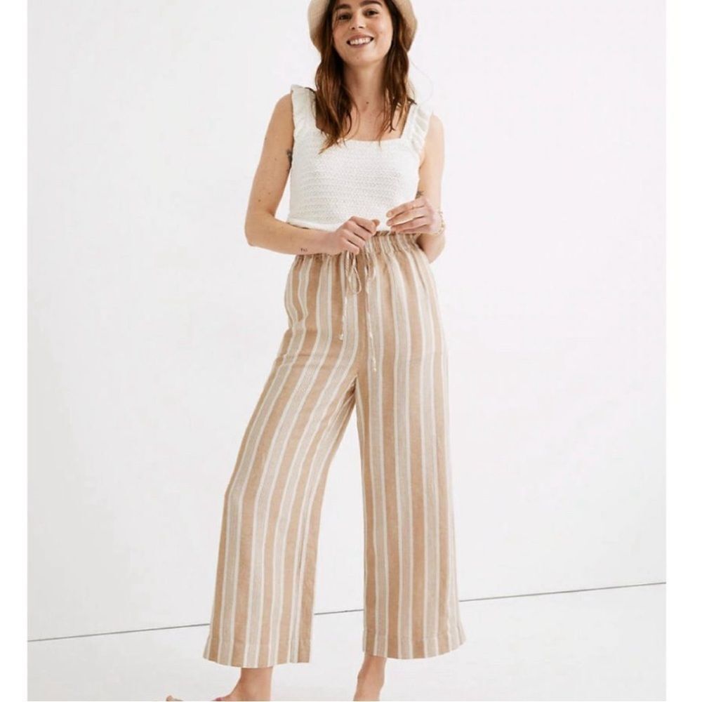 Madewell Beige and White Striped Cropped Wide-Leg Pants